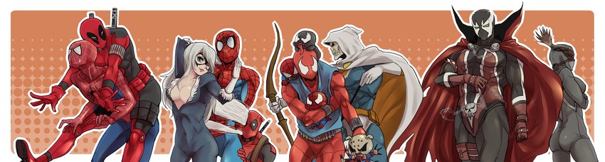 deadpool, spider-man, venom, peter parker, black cat, and 6 more (marvel and 4 more) drawn by masiro