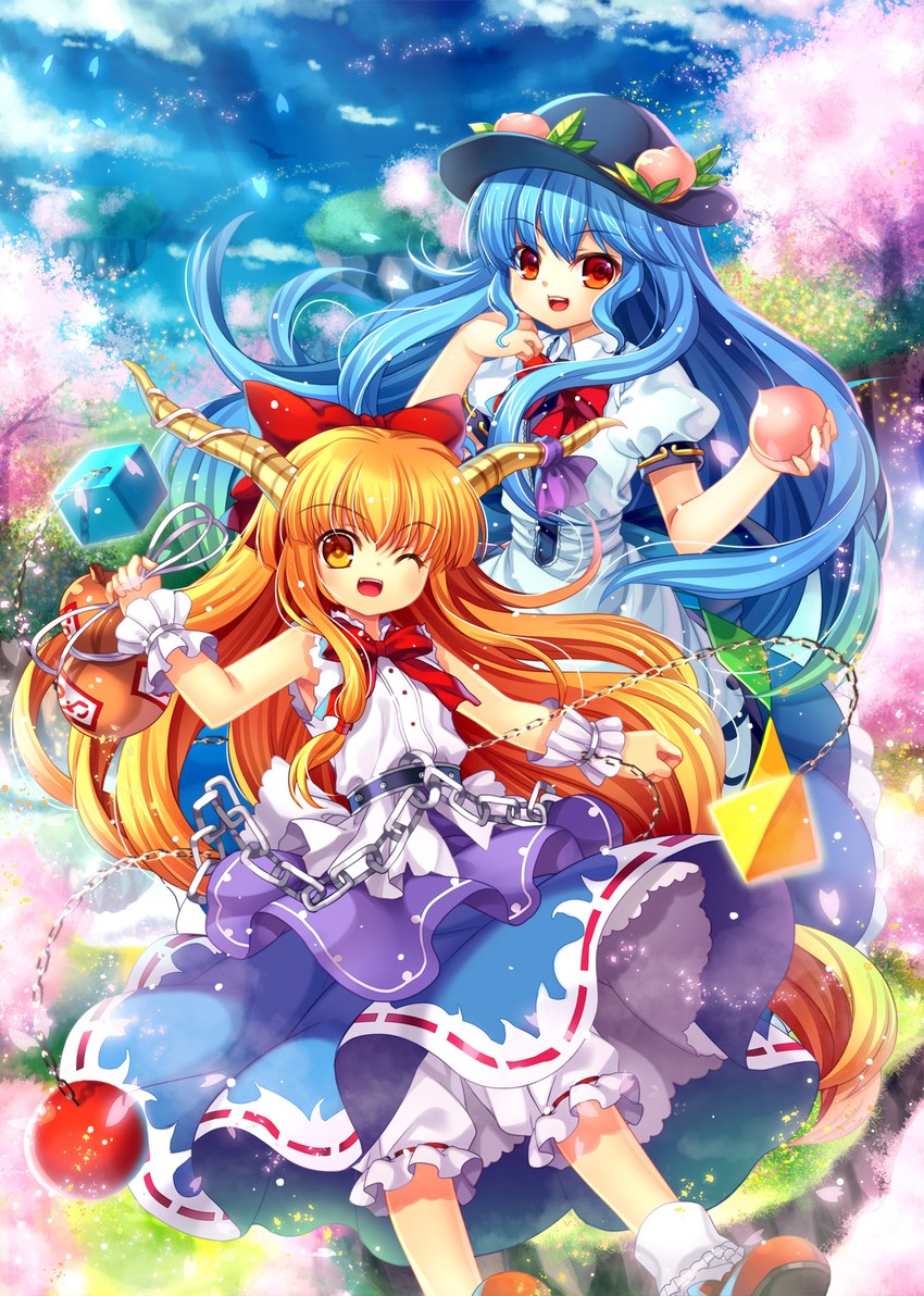 hinanawi tenshi and ibuki suika (touhou) drawn by capura_lin