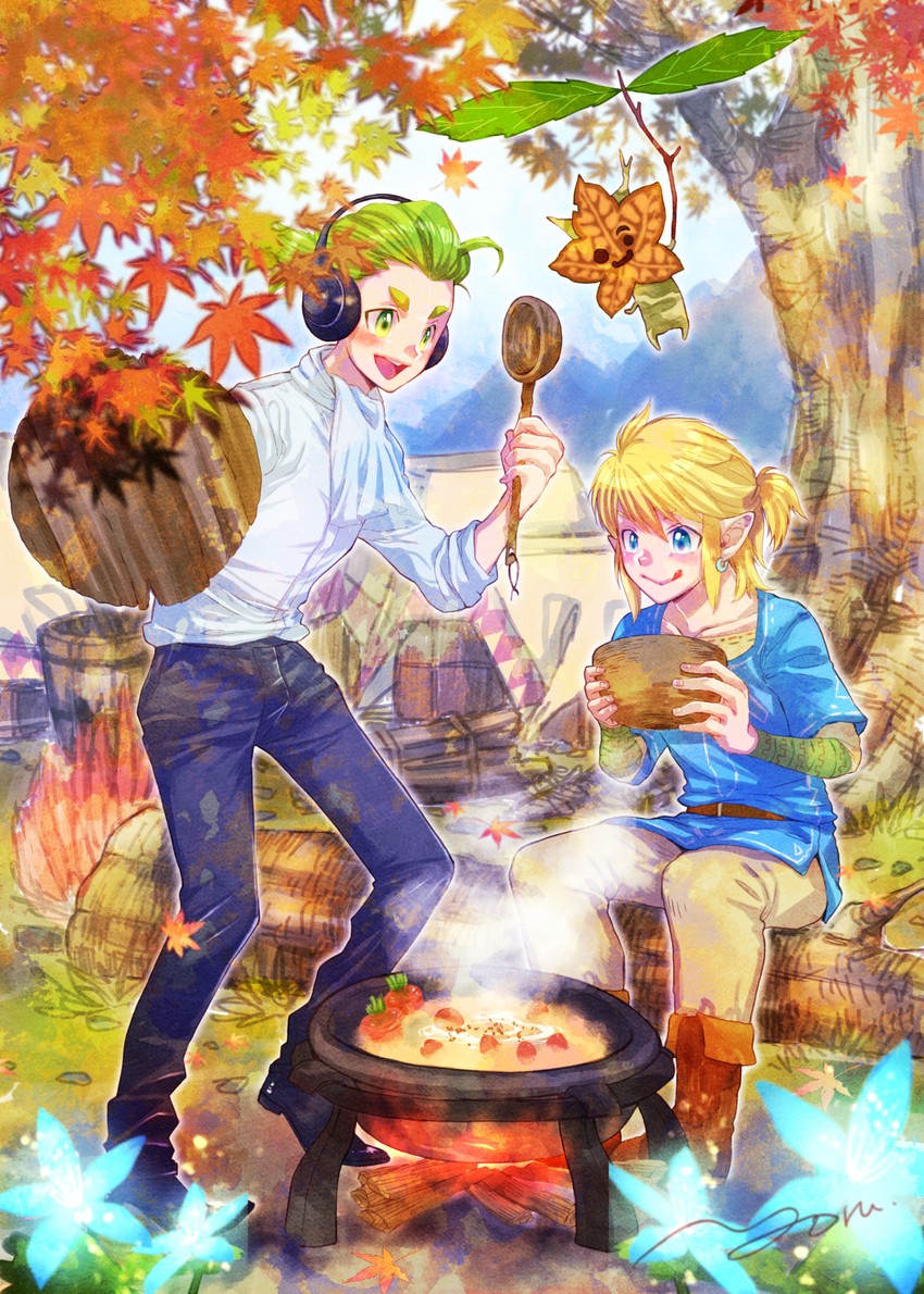 link, korok, and otsuichi (the legend of zelda and 1 more) drawn by yoru_(butterflykixx)