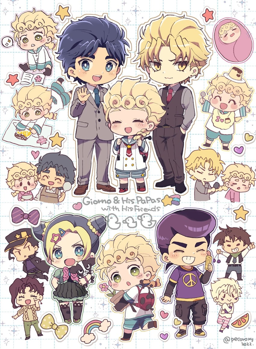 joseph joestar, kujo jotaro, dio brando, caesar anthonio zeppeli, kujo jolyne, and 5 more (jojo no kimyou na bouken and 5 more) drawn by morino_peko