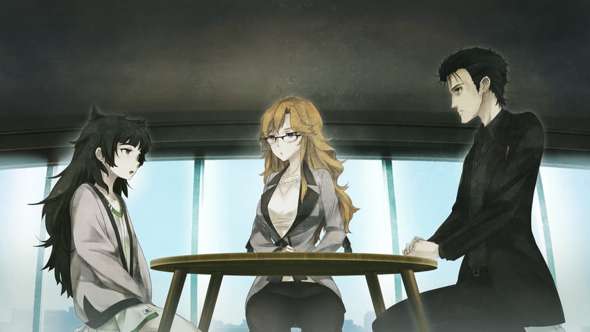 okabe rintarou, kiryuu moeka, and hiyajou maho (steins;gate and 1 more) drawn by huke