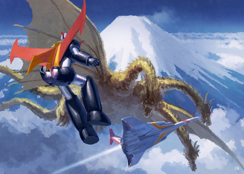 mazinger z and king ghidorah (godzilla and 2 more) drawn by fmu
