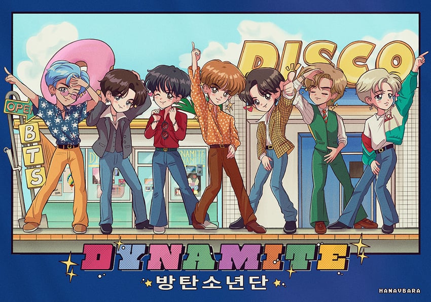 v, jung kook, rm, jin, suga, and 2 more (real life and 1 more) drawn by hanavbara