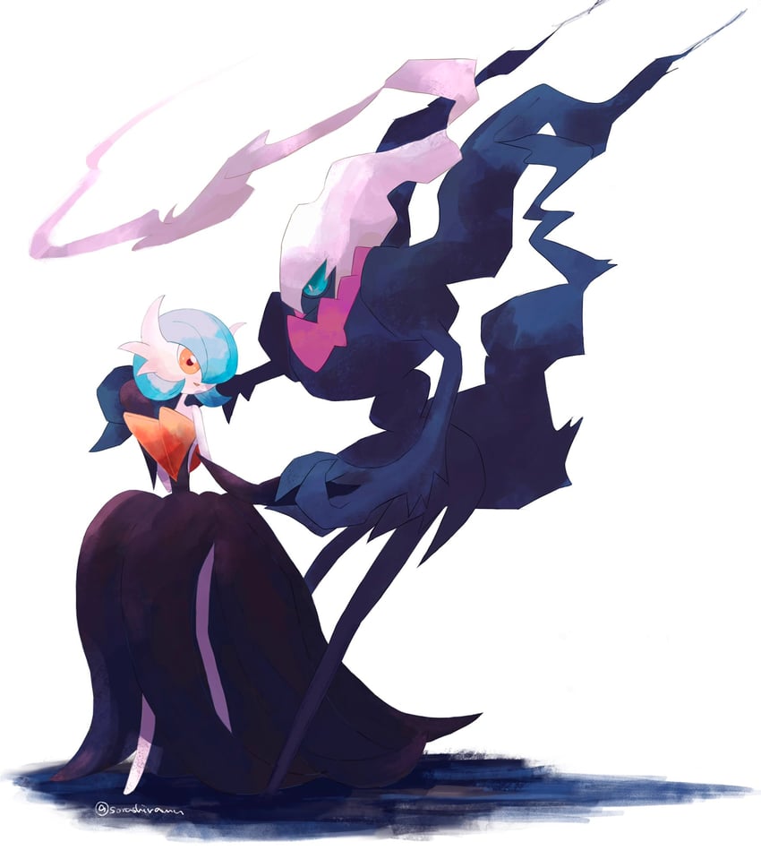 gardevoir, mega gardevoir, and darkrai (pokemon) drawn by sorashiramu