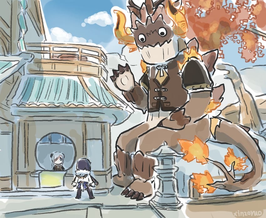 shenhe, yelan, and azhdaha (genshin impact) drawn by xinzoruo