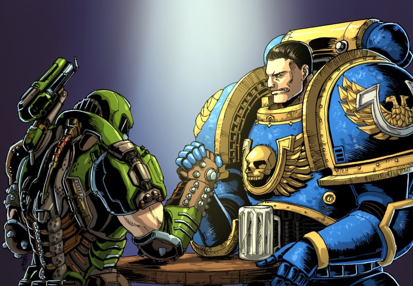 adeptus astartes, doomguy, and captain titus (warhammer 40k and 3 more) drawn by substance20