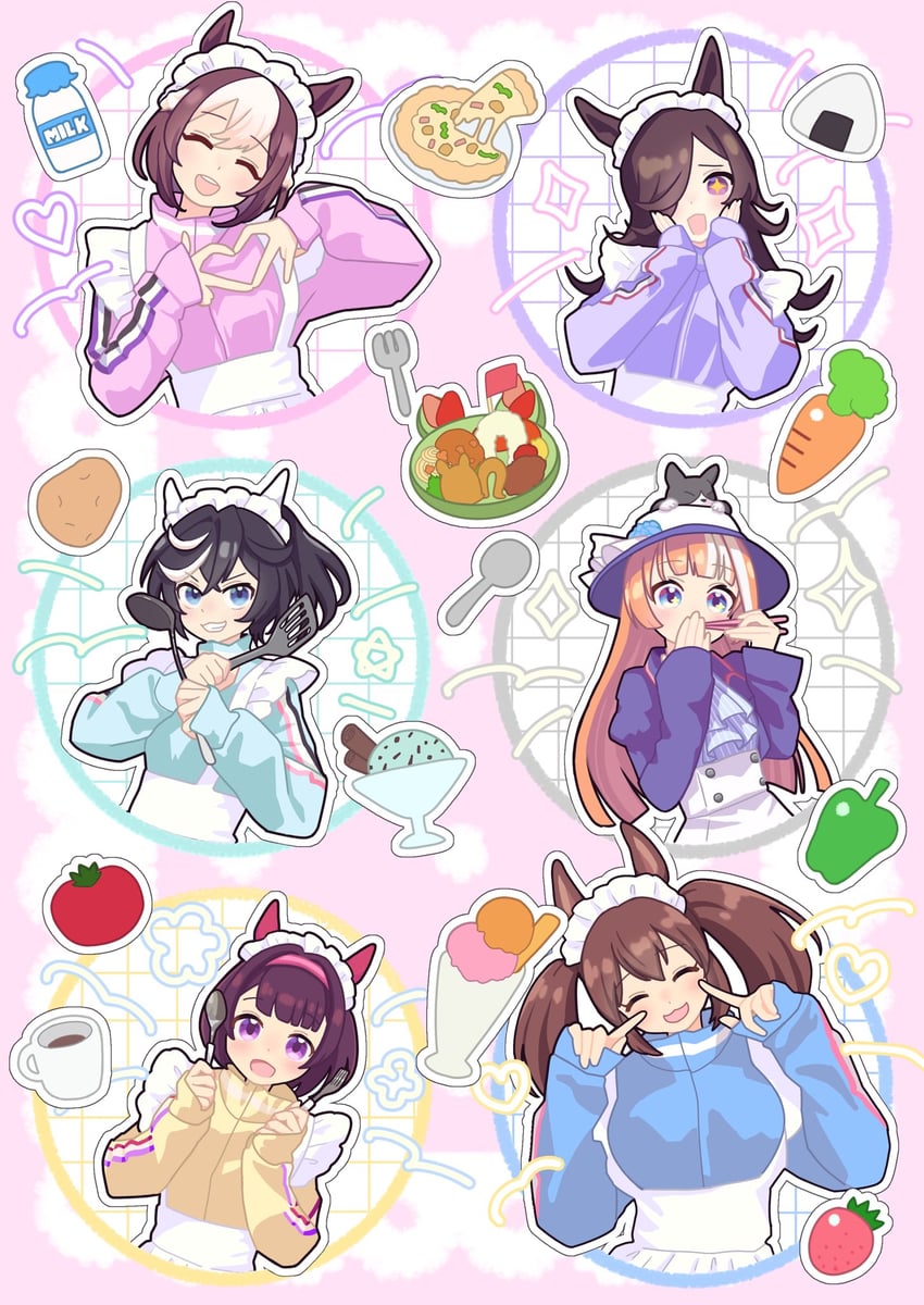 rice shower, special week, katsuragi ace, nishino flower, akikawa yayoi, and 1 more (umamusume) drawn by yada_kamo