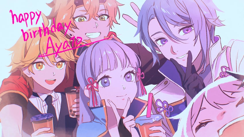 aether, paimon, kamisato ayaka, kamisato ayato, and thoma (genshin impact) drawn by yurayura_(mdeh5447)