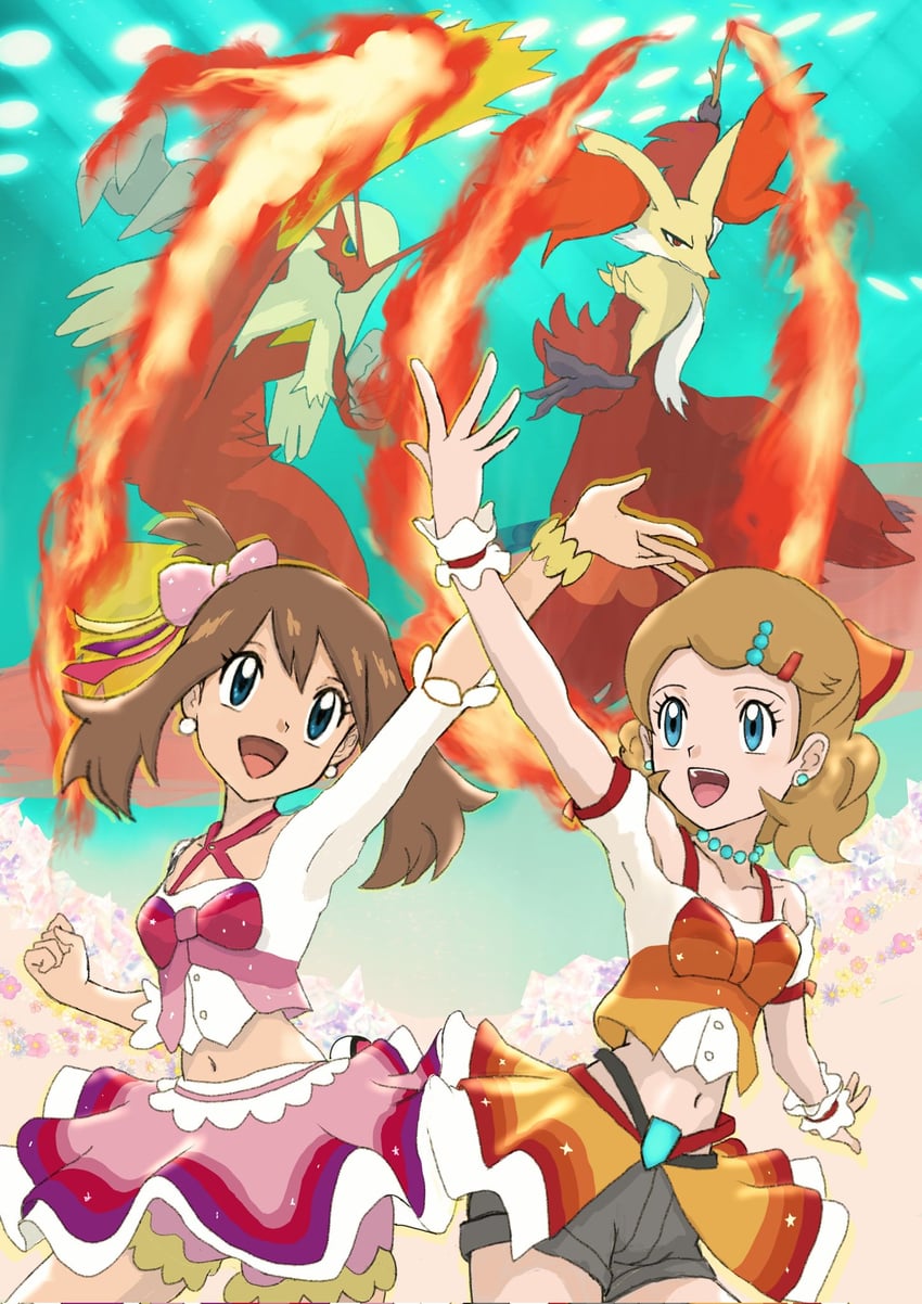 serena, blaziken, delphox, and may (pokemon and 1 more) drawn by teruto_(otahamachan)