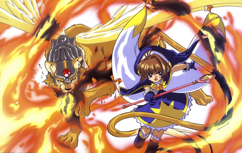 kinomoto sakura, kero, and kerberos (cardcaptor sakura) drawn by takahashi_kumiko