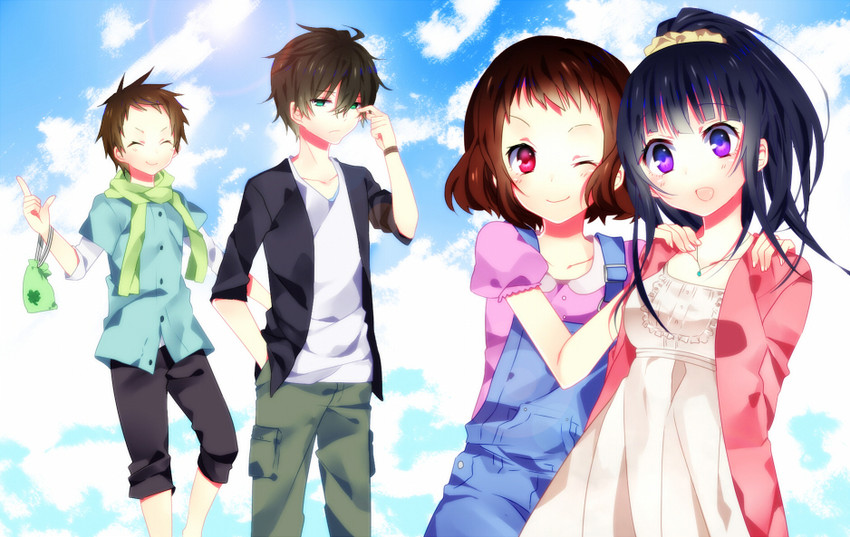 chitanda eru, oreki houtarou, ibara mayaka, and fukube satoshi (hyouka) drawn by lotton