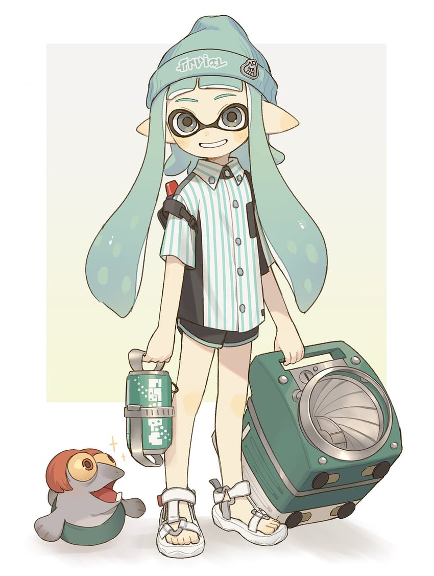 inkling player character, inkling girl, and smallfry (splatoon and 1 more) drawn by gomi_(kaiwaresan44)