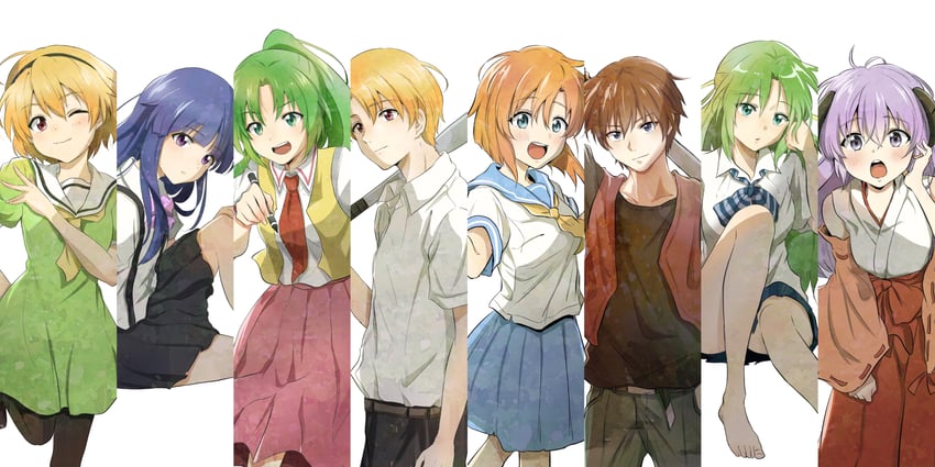 furude rika, ryuuguu rena, houjou satoko, sonozaki mion, hanyuu, and 3 more (higurashi no naku koro ni) drawn by shosudo