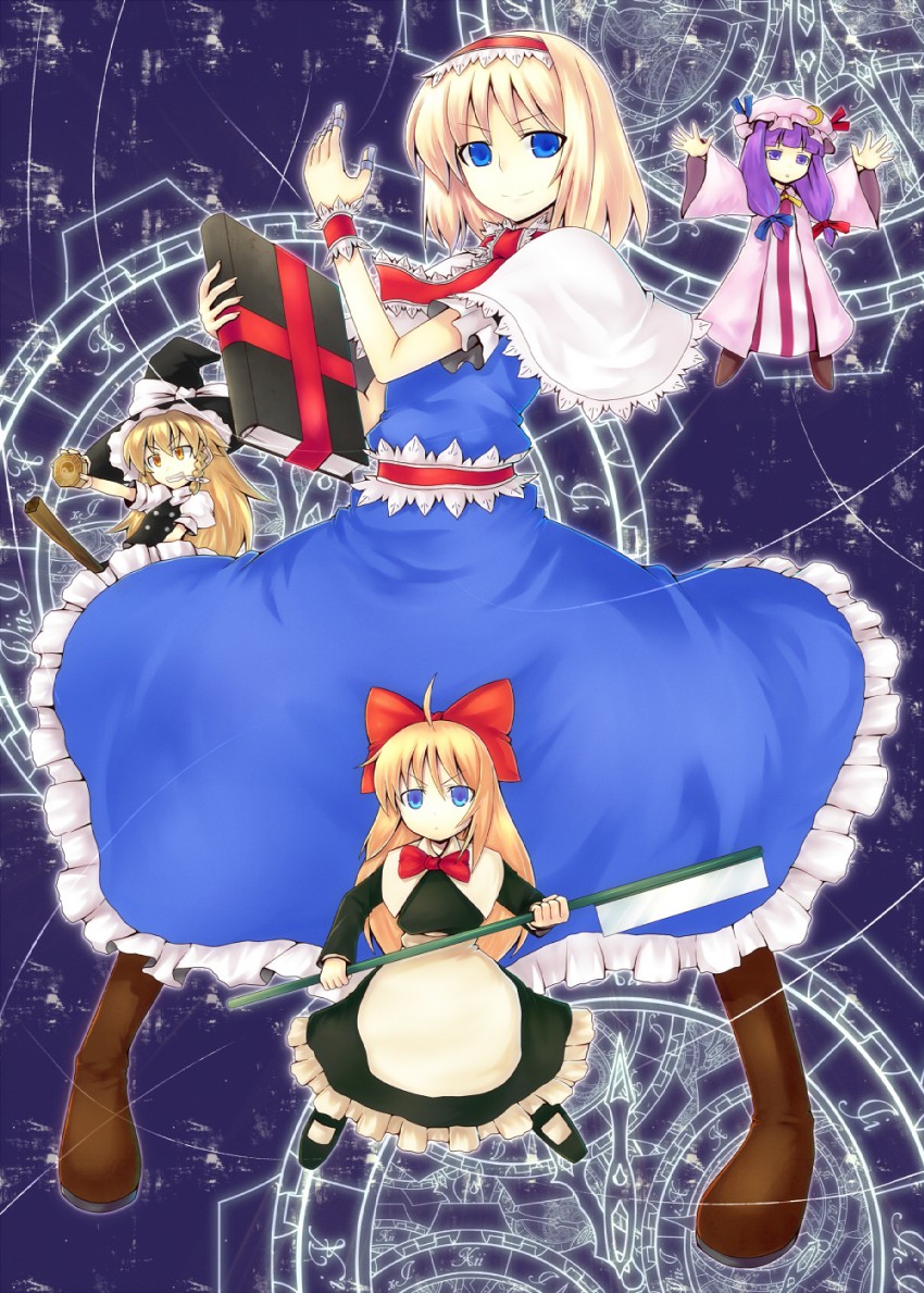 kirisame marisa, alice margatroid, patchouli knowledge, and shanghai doll (touhou) drawn by saemon_(tonpura)