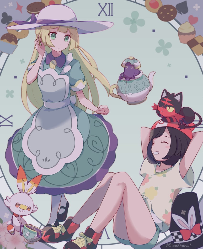 lillie, selene, scorbunny, litten, polteageist, and 1 more (pokemon and 3 more) drawn by 343rone