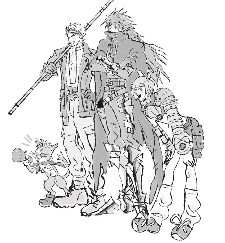 yuffie kisaragi, vincent valentine, cait sith, and cid highwind (final fantasy and 3 more) drawn by jaysoysaucee
