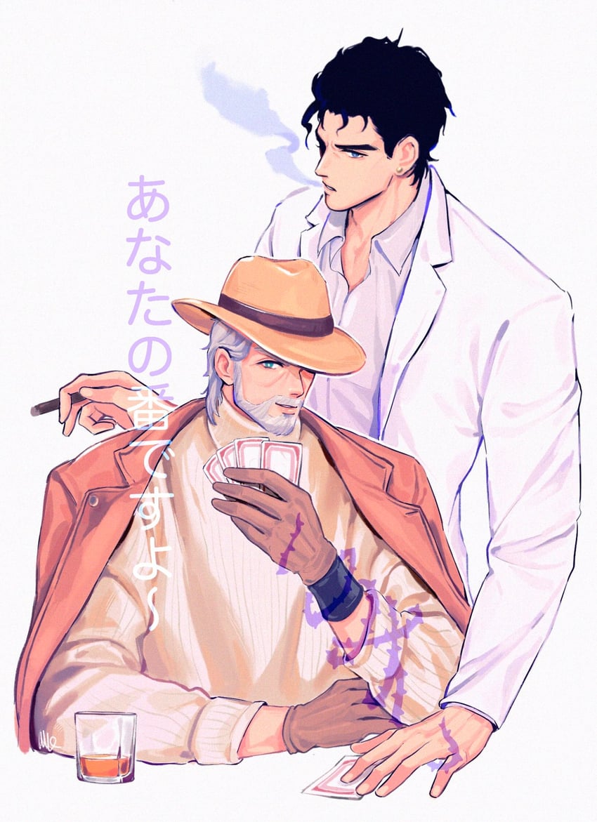 joseph joestar, kujo jotaro, and hermit purple (jojo no kimyou na bouken and 1 more) drawn by vamos_mk