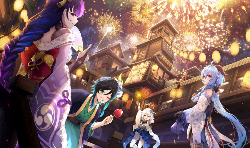 ganyu, raiden shogun, venti, paimon, yoimiya, and 1 more (genshin impact) drawn by pioko