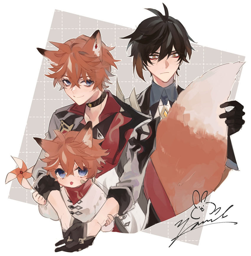 zhongli and tartaglia (genshin impact) drawn by zoo_min