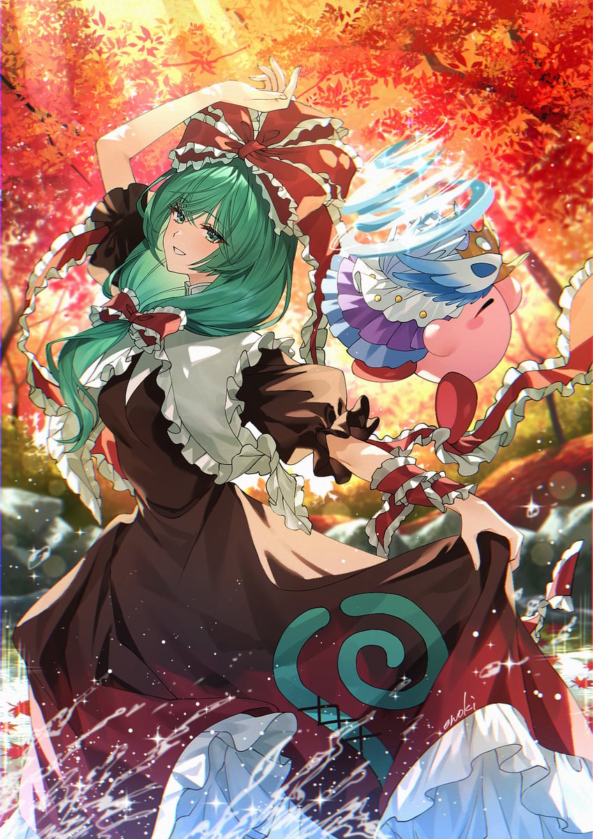 kagiyama hina, kirby, tornado kirby, and fleur tornado kirby (touhou and 2 more) drawn by enoki_3106
