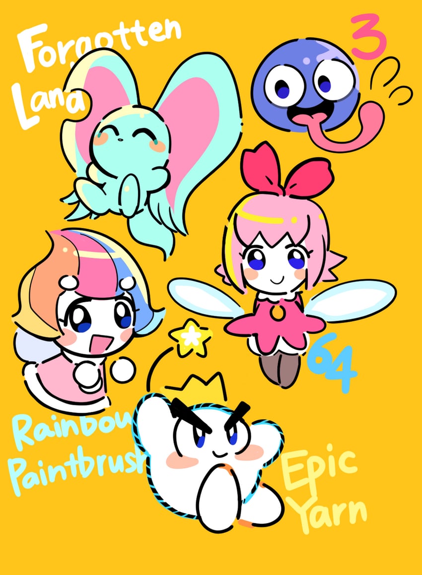 ribbon, gooey, elfilin, elline, and prince fluff (kirby and 5 more) drawn by hakaba_(ksni_tbn)