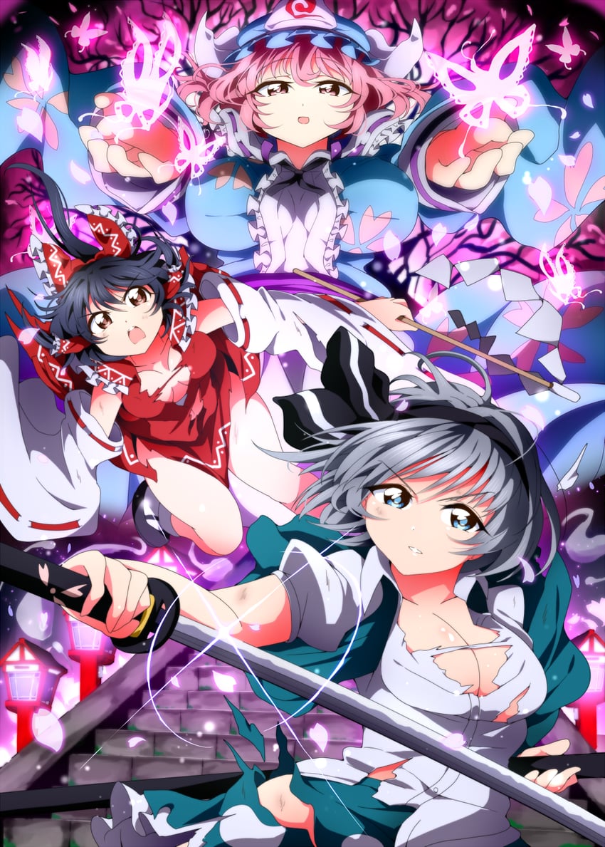 hakurei reimu, konpaku youmu, saigyouji yuyuko, and saigyou ayakashi (touhou) drawn by bwell