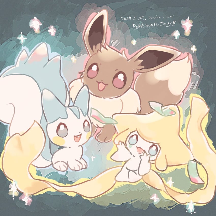 eevee, jirachi, and pachirisu (pokemon) drawn by mkt_(buizu-miki)
