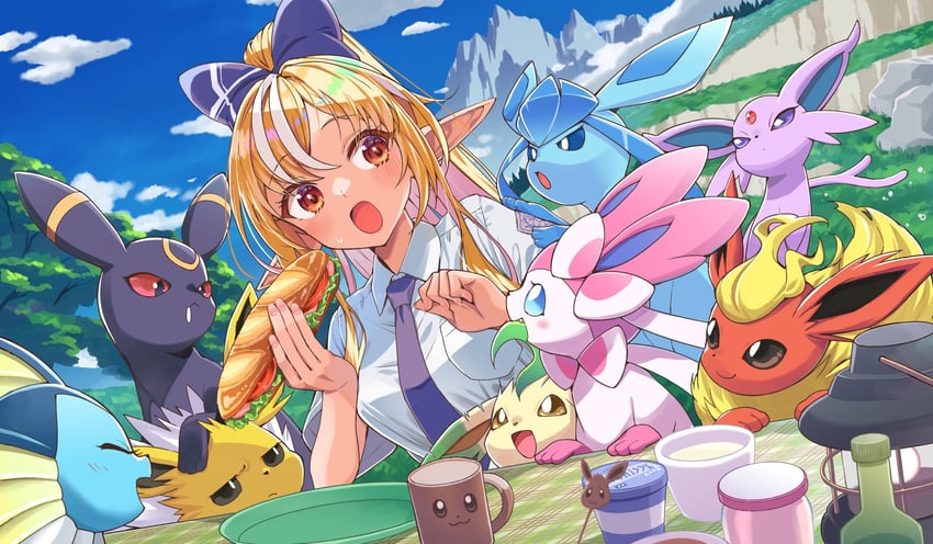 shiranui flare, sylveon, umbreon, glaceon, vaporeon, and 4 more (pokemon and 2 more) drawn by itaboon