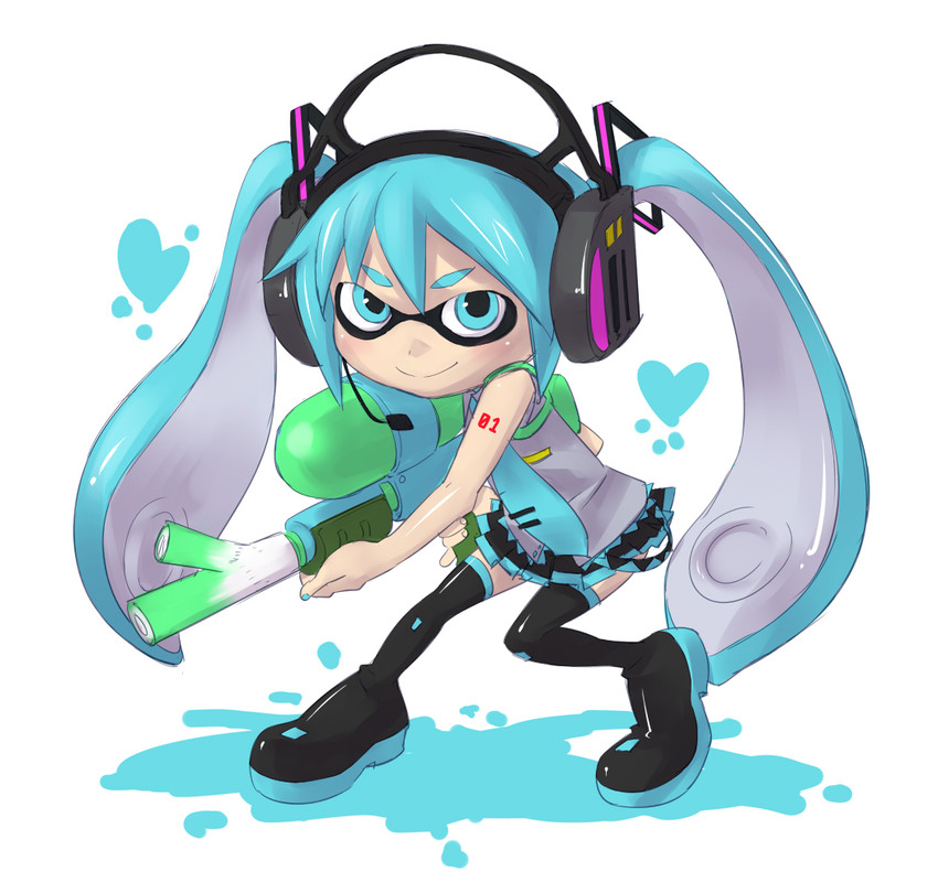 hatsune miku and inkling player character (vocaloid and 2 more) drawn by shoumaru_(gadget_box)