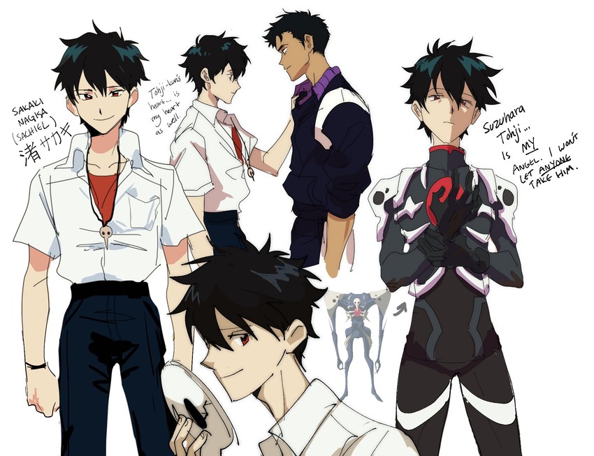 sachiel, suzuhara touji, and sakaki eru (neon genesis evangelion) drawn by kendy_(revolocities)
