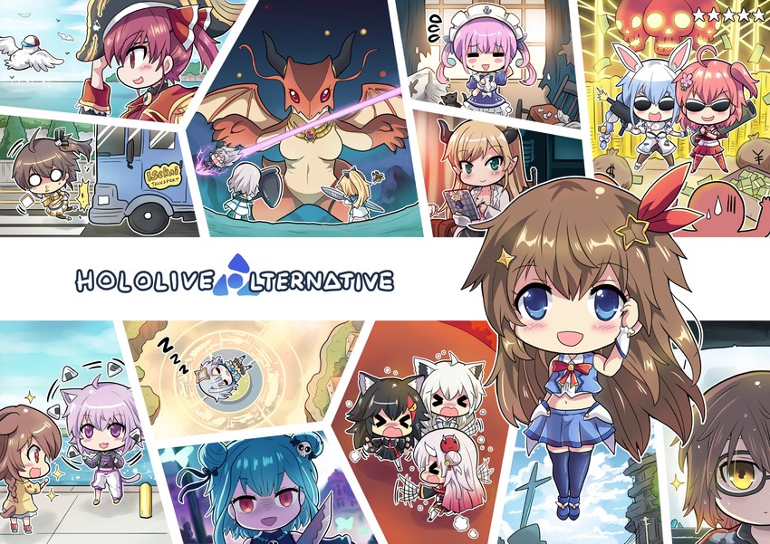 houshou marine, shirakami fubuki, usada pekora, nekomata okayu, minato aqua, and 15 more (hololive and 2 more) drawn by colonel_aki