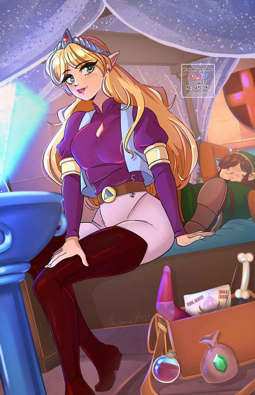 link and princess zelda (the legend of zelda) drawn by laurencel_art