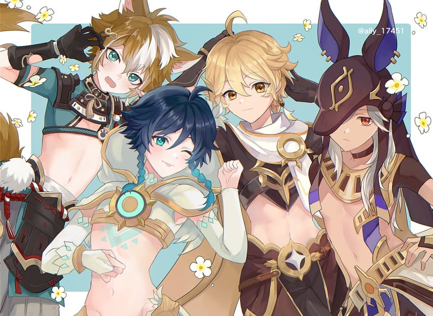 aether, venti, cyno, and gorou (genshin impact) drawn by ari_(bleum)