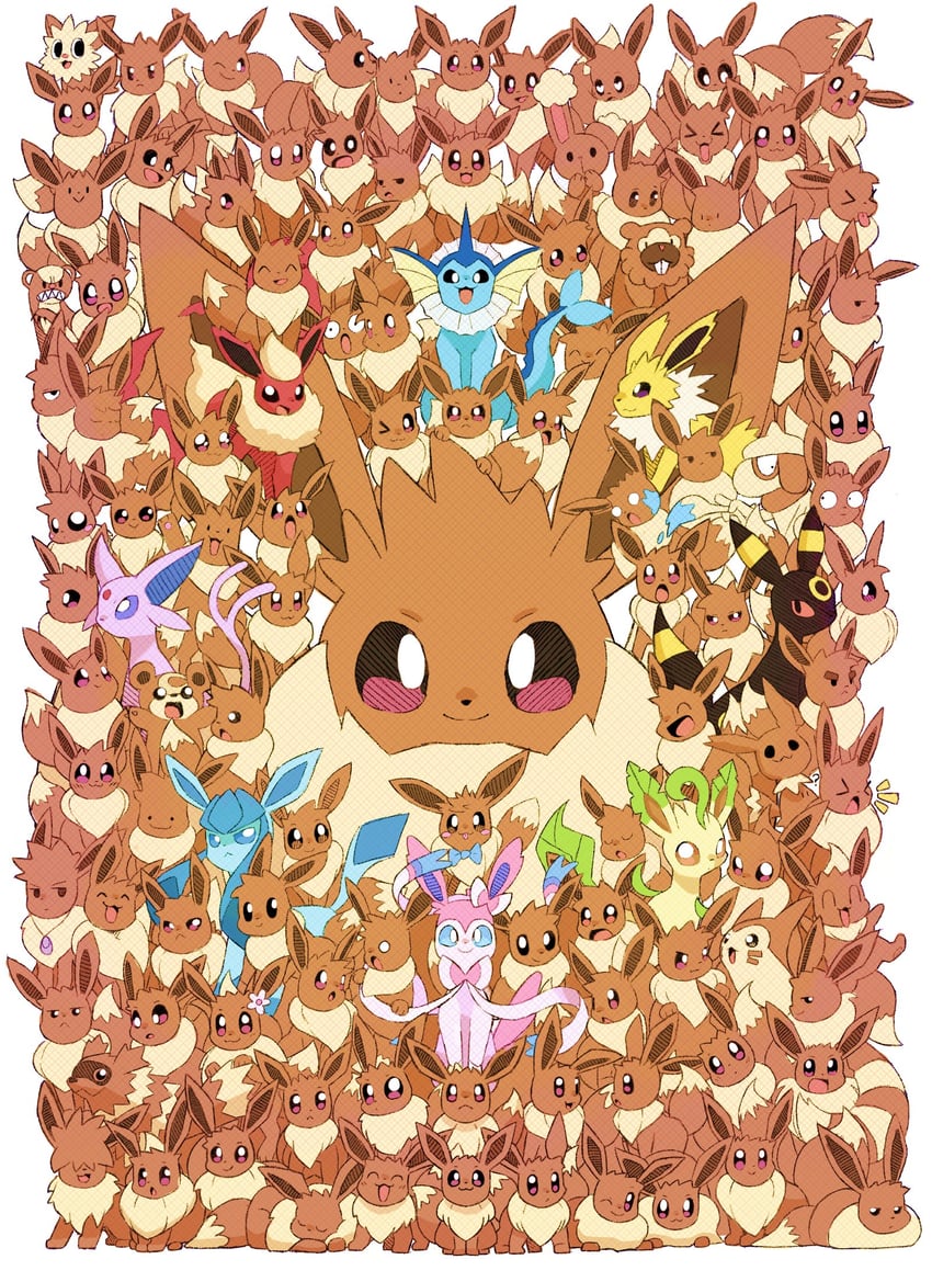 eevee, sylveon, umbreon, glaceon, mimikyu, and 17 more (pokemon and 1 more) drawn by pauldrawsart