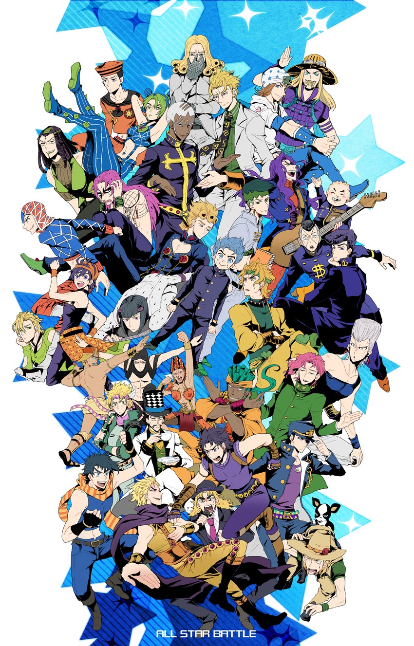 joseph joestar, kujo jotaro, dio brando, caesar anthonio zeppeli, kujo jolyne, and 28 more (jojo no kimyou na bouken and 8 more) drawn by sudachips