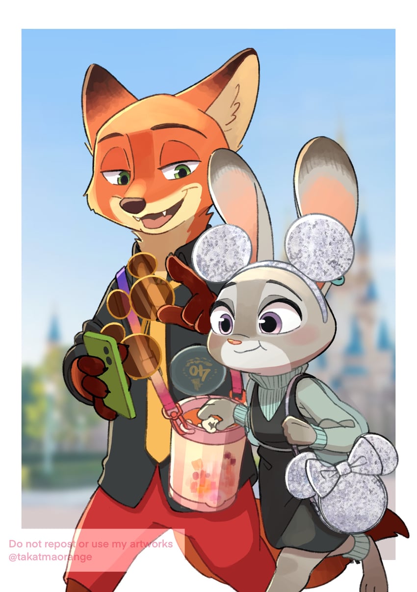 minnie mouse, judy hopps, and nick wilde (disneyland and 1 more) drawn by gamorangetana