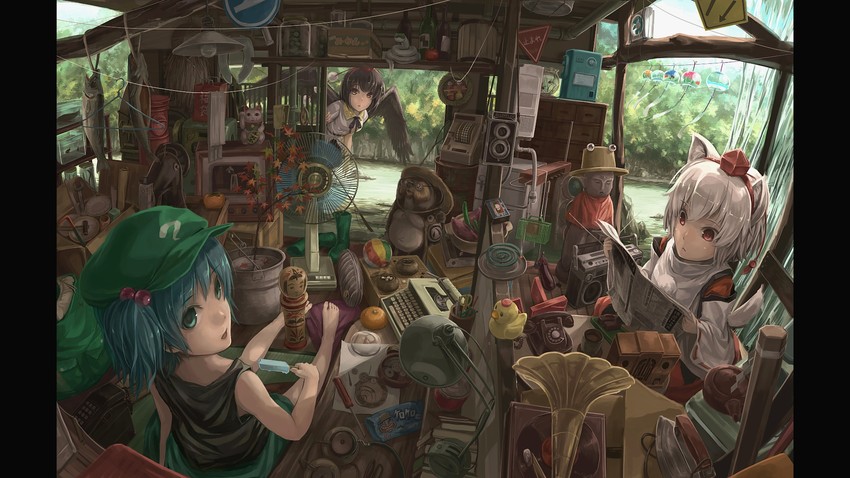 shameimaru aya, inubashiri momiji, kawashiro nitori, and pyonta (touhou) drawn by lif_(lif_&_ref)