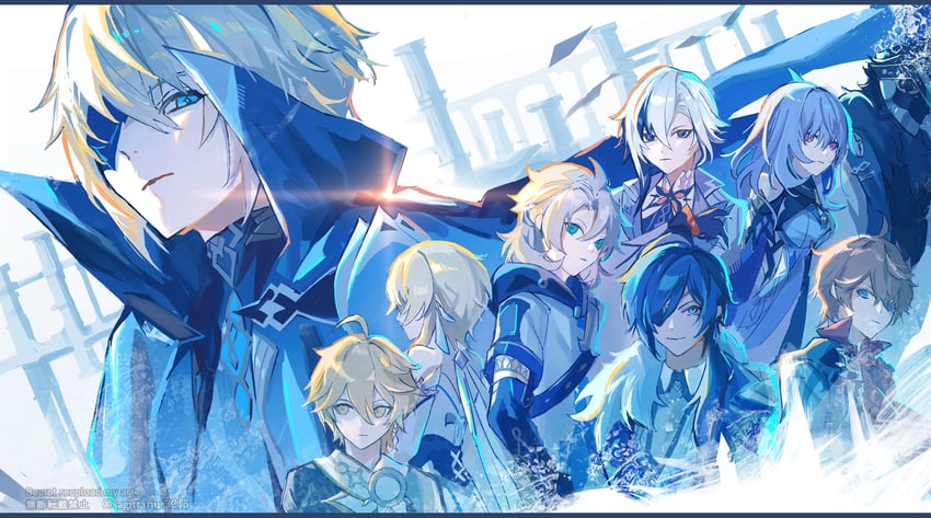 lumine, aether, tartaglia, arlecchino, kaeya, and 4 more (genshin impact) drawn by kukatsuma
