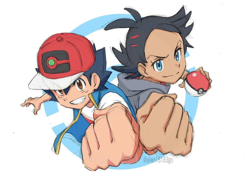 ash ketchum and goh (pokemon and 1 more) drawn by yasuda_shuuhei