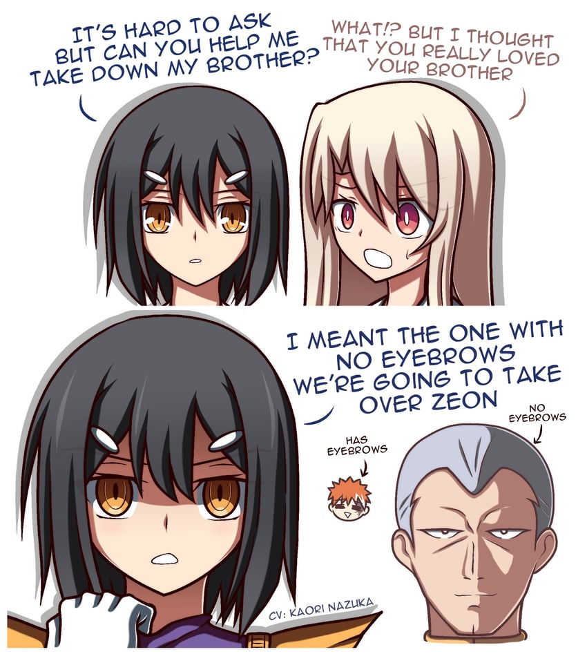 illyasviel von einzbern, miyu edelfelt, kycilia zabi, gihren zabi, and nazuka kaori (fate and 3 more) drawn by zeon132
