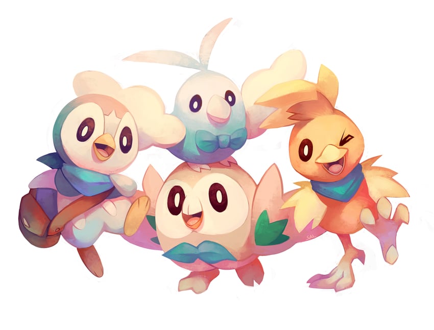 rowlet, piplup, torchic, and swablu (pokemon) drawn by salanchu