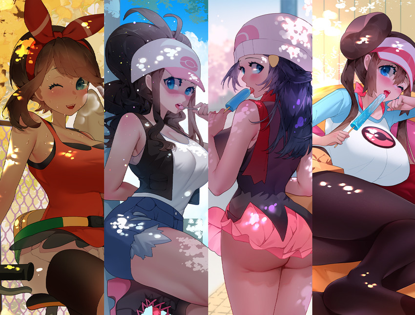 dawn, may, rosa, and hilda (pokemon and 4 more) drawn by sumisumii