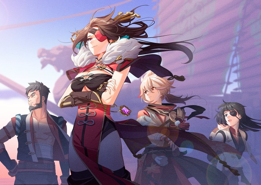 kaedehara kazuha, beidou, little yue, juza, and furong (genshin impact) drawn by fukushi_ryouhei