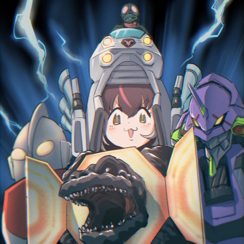godzilla, eva 01, brown long-eared bat, ultraman, kamen rider 1, and 1 more (kemono friends and 10 more) drawn by mcgunngu