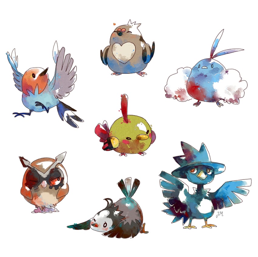 swablu, natu, murkrow, starly, fletchling, and 2 more (pokemon) drawn by bluekomadori
