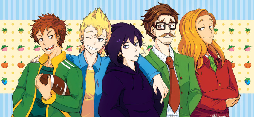 alex, sebastian, sam, harvey, and elliott (stardew valley) drawn by digitalscratch