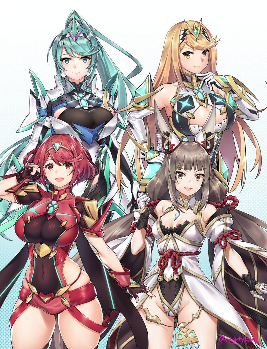 pyra, mythra, nia, and pneuma (xenoblade chronicles and 1 more) drawn by ge-b