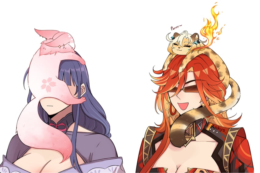 raiden shogun, yae miko, mavuika, and xilonen (genshin impact) drawn by ankie_(ankys_)