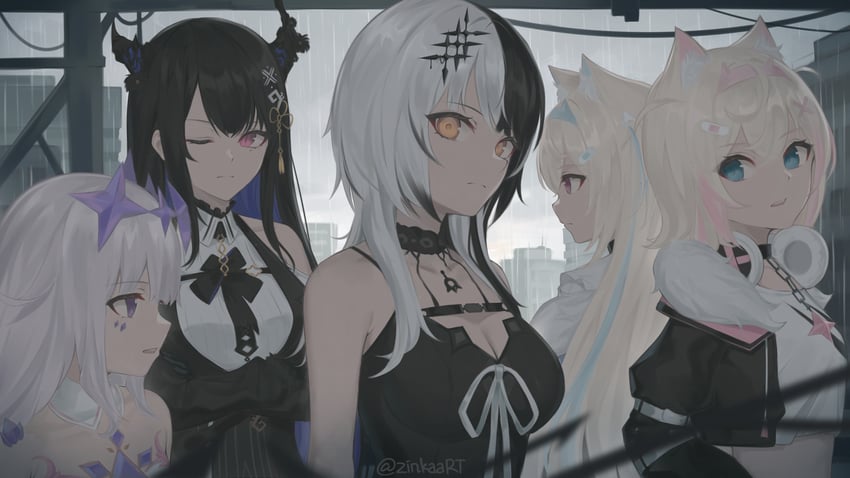 shiori novella, nerissa ravencroft, fuwawa abyssgard, mococo abyssgard, and koseki bijou (hololive and 1 more) drawn by zinkaa