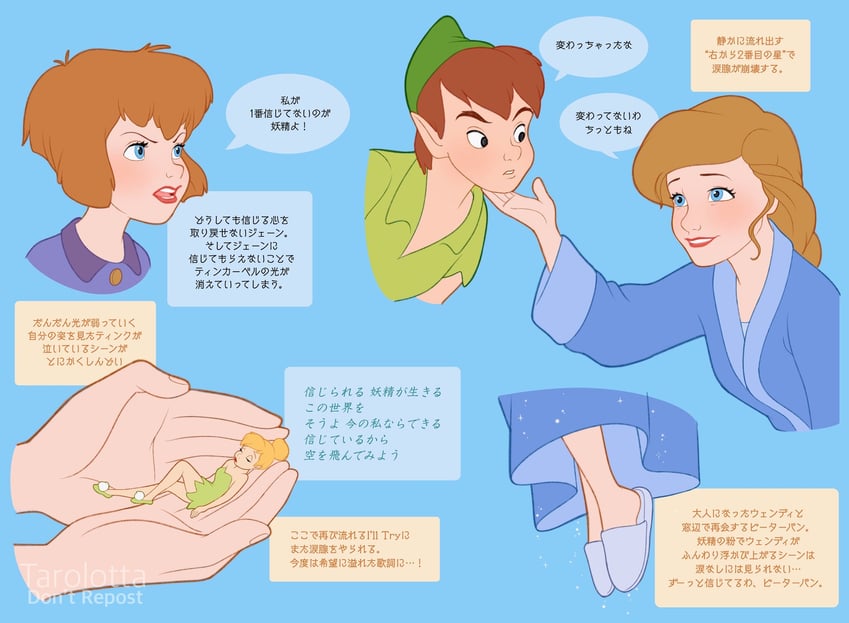 tinker bell, peter pan, wendy darling, and jane (walt disney's peter pan and 1 more) drawn by tarolotta